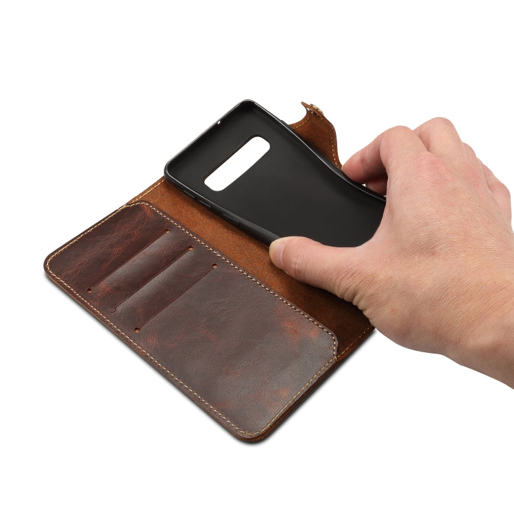 For Galaxy S10 Plus Denior Oil Wax Cowhide Magnetic Button Horizontal Flip Leather Case with Card Slots & Wallet(Brown) - Galaxy Phone Cases by Denior | Online Shopping UK | buy2fix
