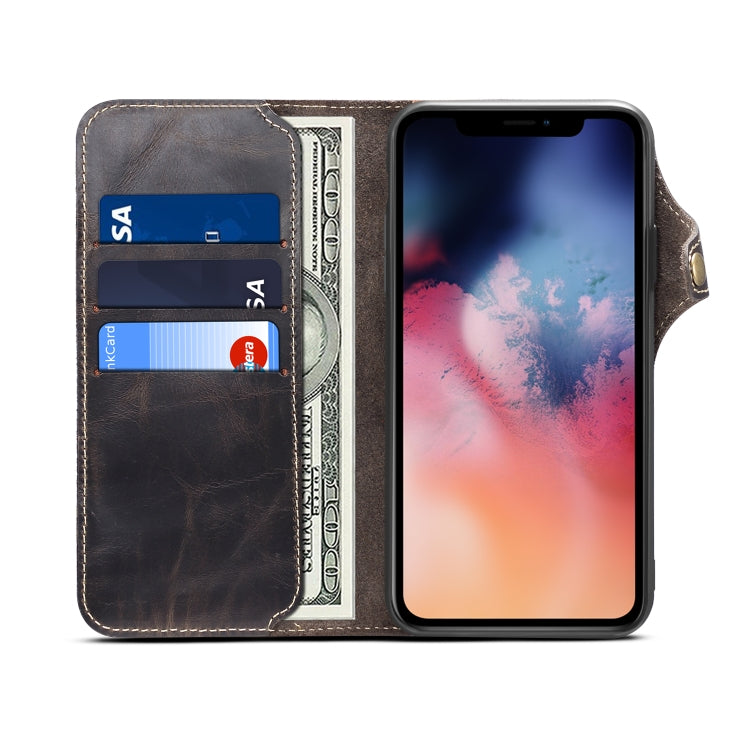 For iPhone 11 Denior Oil Wax Cowhide Magnetic Button Horizontal Flip Leather Case with Card Slots & Wallet(Black) - iPhone 11 Cases by Denior | Online Shopping UK | buy2fix