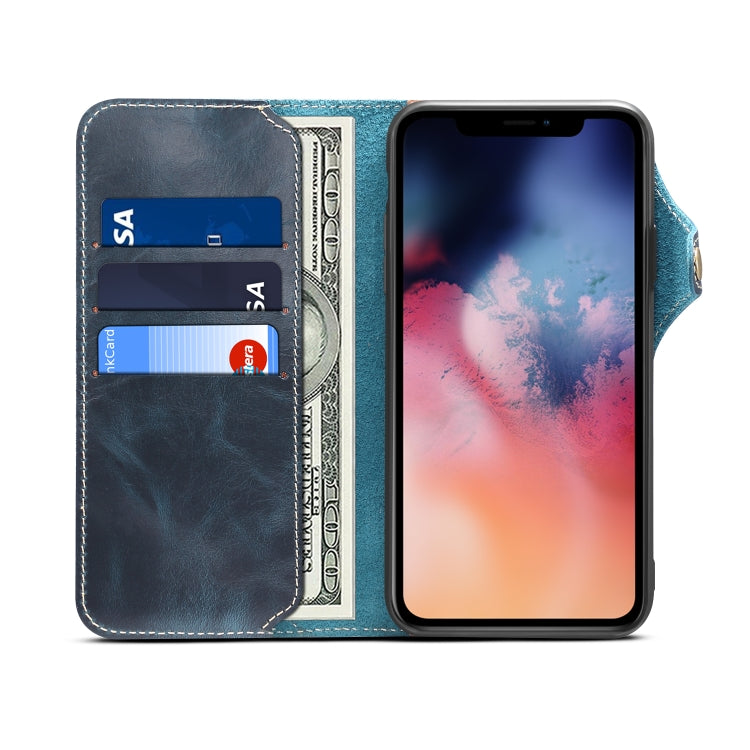 For iPhone 11 Denior Oil Wax Cowhide Magnetic Button Horizontal Flip Leather Case with Card Slots & Wallet(Dark Blue) - iPhone 11 Cases by Denior | Online Shopping UK | buy2fix