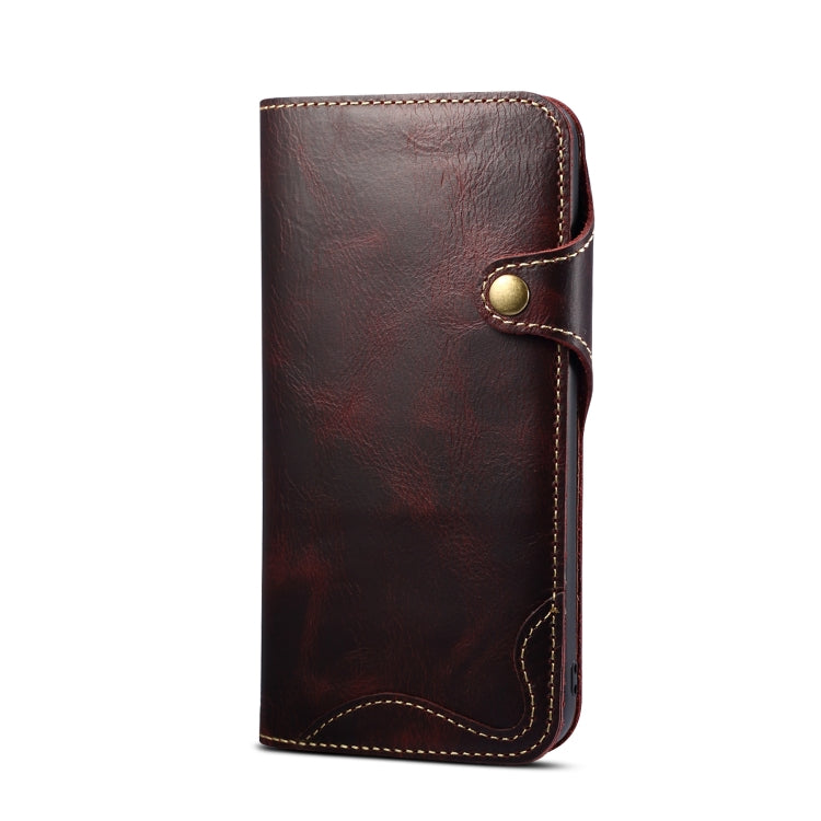 For iPhone 11 Denior Oil Wax Cowhide Magnetic Button Horizontal Flip Leather Case with Card Slots & Wallet(Dark Red) - iPhone 11 Cases by Denior | Online Shopping UK | buy2fix