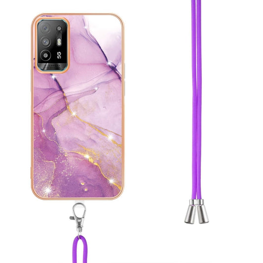 For OPPO A94 5G / A95 5G Electroplating Marble IMD TPU Phone Case with Lanyard(Purple 001) by buy2fix