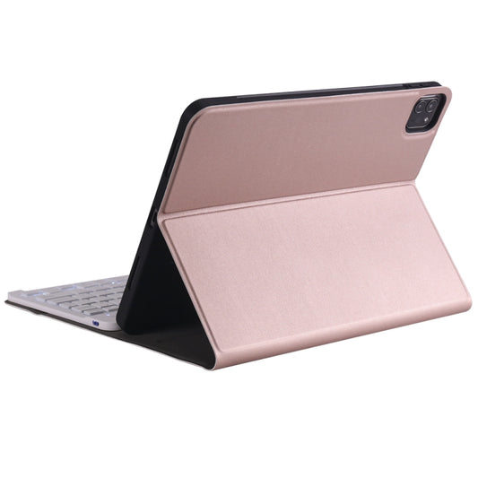 A11BS Lambskin Texture Ultra-thin Bluetooth Keyboard Leather Case with Pen Holder & Backlight For iPad Air 5 2022 / Air 4 2020 10.9 & Pro 11 inch 2021 / 2020 / 2018(Rose Gold) by buy2fix