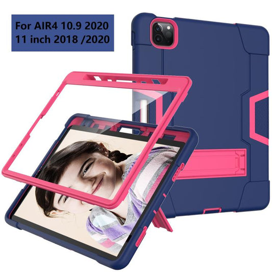 For iPad Pro 11 Contrast Color Silicone + PC Combination Case with Holder(Navy Blue + Rose Red) - iPad Pro 11 (2018) Cases by buy2fix | Online Shopping UK | buy2fix