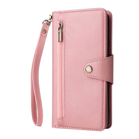 For Google Pixel 4A 5G Rivet Buckle 9 Cards Three Fold Leather Phone Case(Rose Gold) by buy2fix