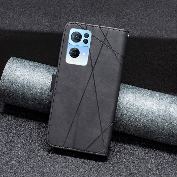 For OPPO Reno7 5G Global BF05 Magnetic Buckle Rhombus Texture Leather Phone Case(Black) by buy2fix