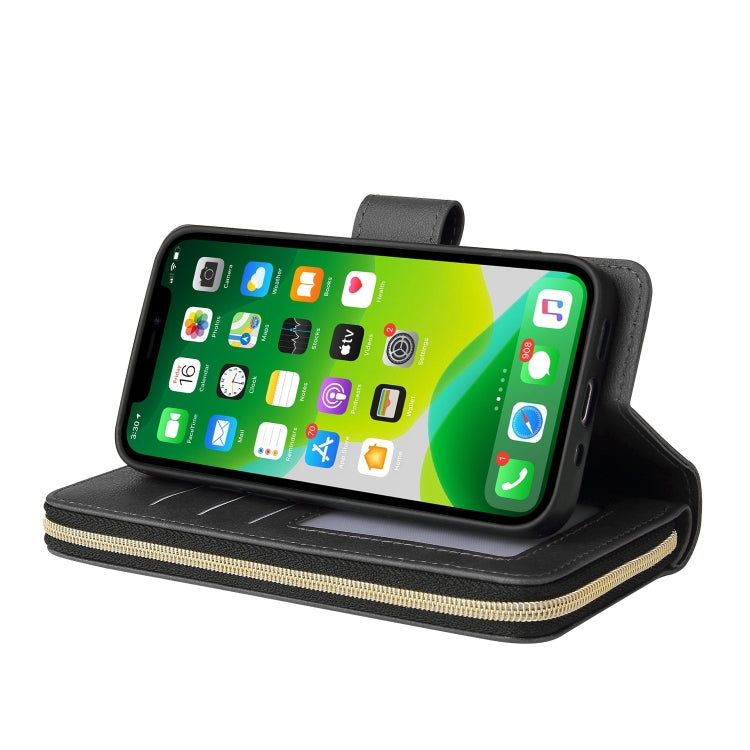 For iPhone 13 mini 9 Card Slots Zipper Wallet Bag Leather Phone Case (Black) - iPhone 13 mini Cases by buy2fix | Online Shopping UK | buy2fix