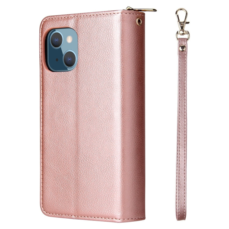 For iPhone 13 mini 9 Card Slots Zipper Wallet Bag Leather Phone Case (Rose Gold) - iPhone 13 mini Cases by buy2fix | Online Shopping UK | buy2fix