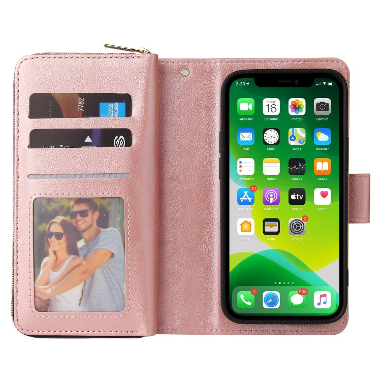 For iPhone 13 mini 9 Card Slots Zipper Wallet Bag Leather Phone Case (Rose Gold) - iPhone 13 mini Cases by buy2fix | Online Shopping UK | buy2fix