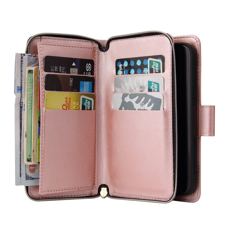For iPhone 13 mini 9 Card Slots Zipper Wallet Bag Leather Phone Case (Rose Gold) - iPhone 13 mini Cases by buy2fix | Online Shopping UK | buy2fix