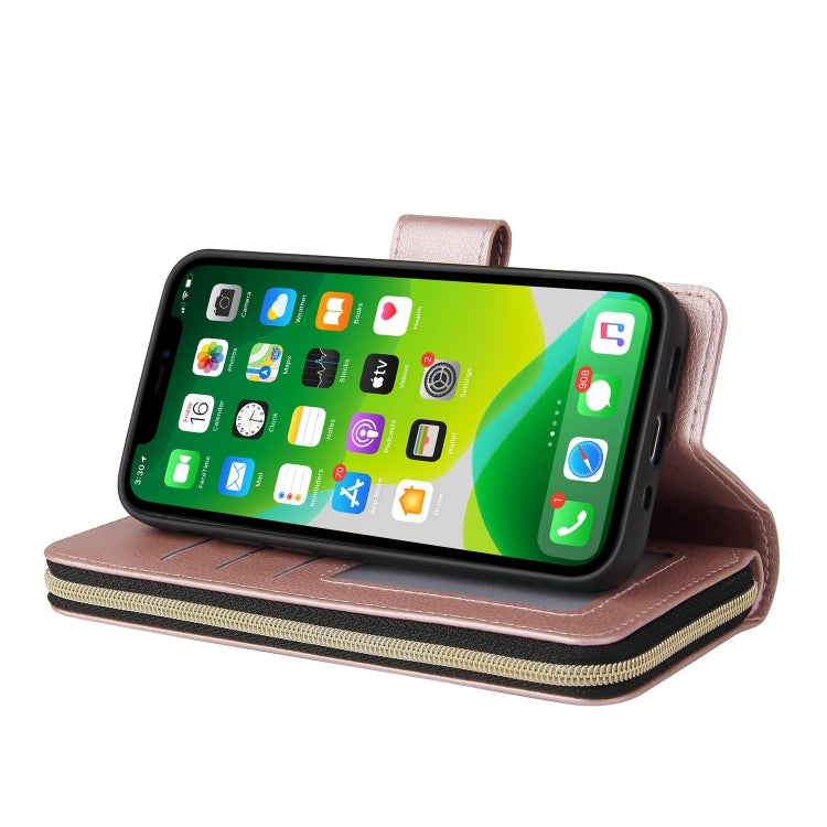 For iPhone 13 mini 9 Card Slots Zipper Wallet Bag Leather Phone Case (Rose Gold) - iPhone 13 mini Cases by buy2fix | Online Shopping UK | buy2fix