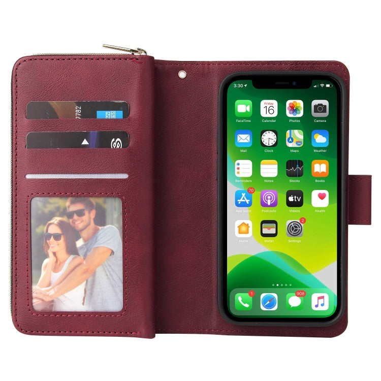 For iPhone 13 mini 9 Card Slots Zipper Wallet Bag Leather Phone Case (Wine Red) - iPhone 13 mini Cases by buy2fix | Online Shopping UK | buy2fix