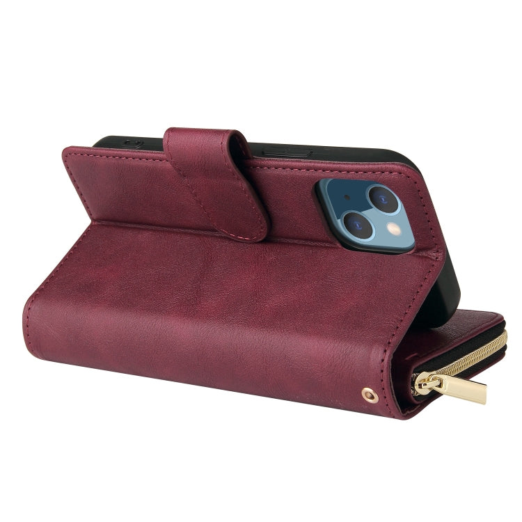 For iPhone 13 mini 9 Card Slots Zipper Wallet Bag Leather Phone Case (Wine Red) - iPhone 13 mini Cases by buy2fix | Online Shopping UK | buy2fix