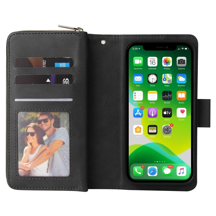 For iPhone 13 9 Card Slots Zipper Wallet Bag Leather Phone Case(Black) - iPhone 13 Cases by buy2fix | Online Shopping UK | buy2fix