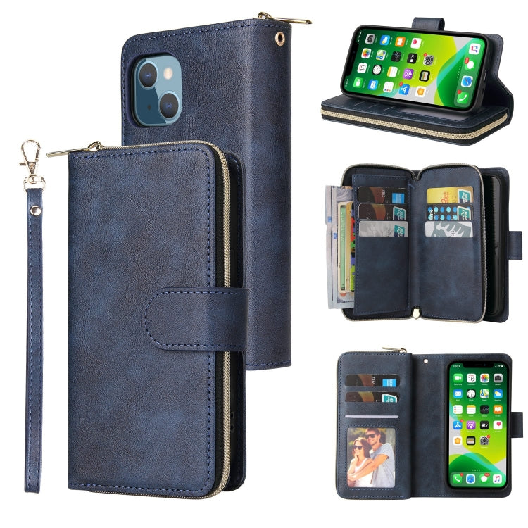 For iPhone 13 9 Card Slots Zipper Wallet Bag Leather Phone Case(Blue) - iPhone 13 Cases by buy2fix | Online Shopping UK | buy2fix