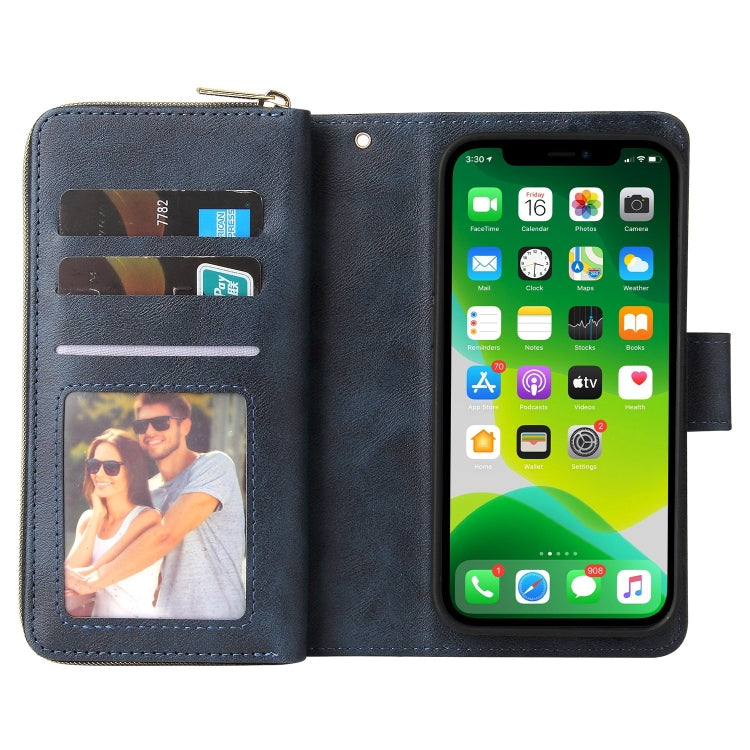 For iPhone 13 9 Card Slots Zipper Wallet Bag Leather Phone Case(Blue) - iPhone 13 Cases by buy2fix | Online Shopping UK | buy2fix