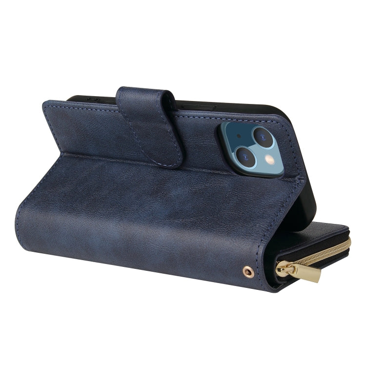 For iPhone 13 9 Card Slots Zipper Wallet Bag Leather Phone Case(Blue) - iPhone 13 Cases by buy2fix | Online Shopping UK | buy2fix