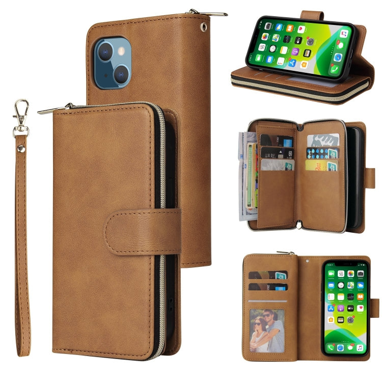 For iPhone 13 9 Card Slots Zipper Wallet Bag Leather Phone Case(Brown) - iPhone 13 Cases by buy2fix | Online Shopping UK | buy2fix