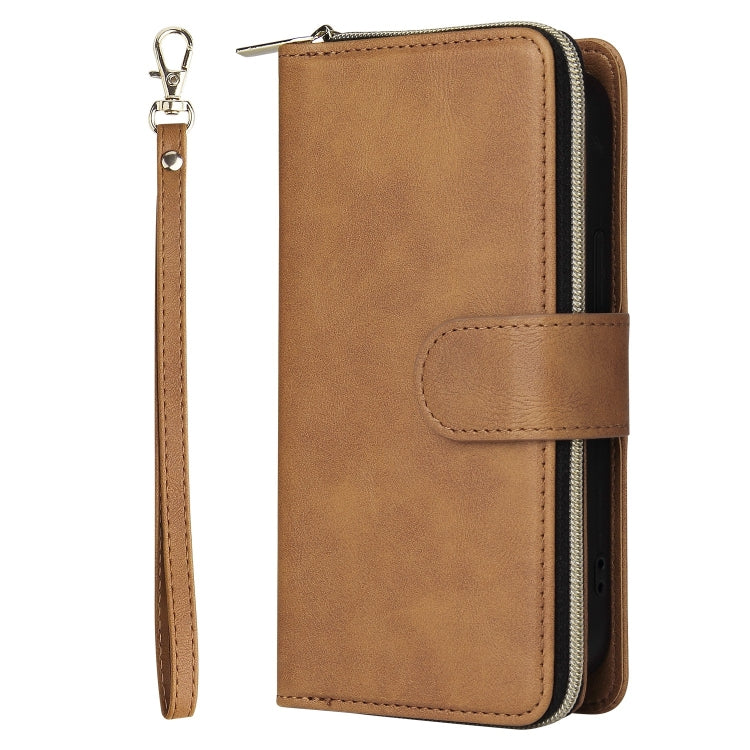 For iPhone 13 9 Card Slots Zipper Wallet Bag Leather Phone Case(Brown) - iPhone 13 Cases by buy2fix | Online Shopping UK | buy2fix