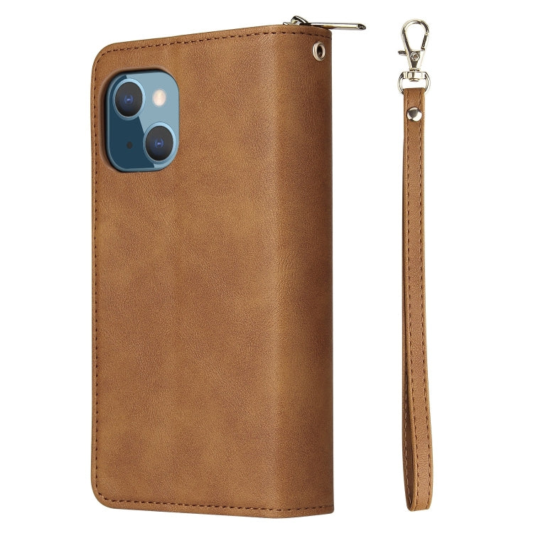 For iPhone 13 9 Card Slots Zipper Wallet Bag Leather Phone Case(Brown) - iPhone 13 Cases by buy2fix | Online Shopping UK | buy2fix