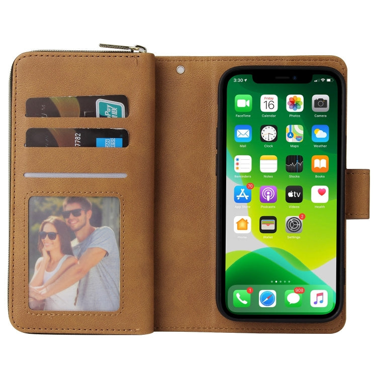 For iPhone 13 9 Card Slots Zipper Wallet Bag Leather Phone Case(Brown) - iPhone 13 Cases by buy2fix | Online Shopping UK | buy2fix