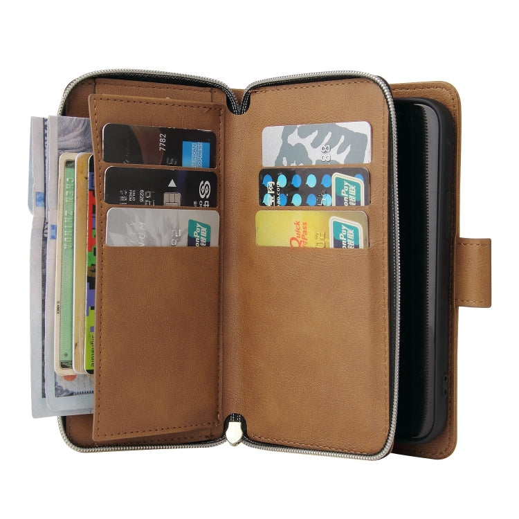For iPhone 13 9 Card Slots Zipper Wallet Bag Leather Phone Case(Brown) - iPhone 13 Cases by buy2fix | Online Shopping UK | buy2fix