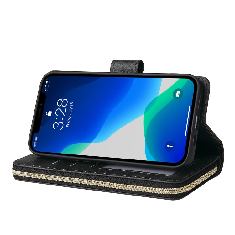 For iPhone 13 Pro 9 Card Slots Zipper Wallet Bag Leather Phone Case (Black) - iPhone 13 Pro Cases by buy2fix | Online Shopping UK | buy2fix