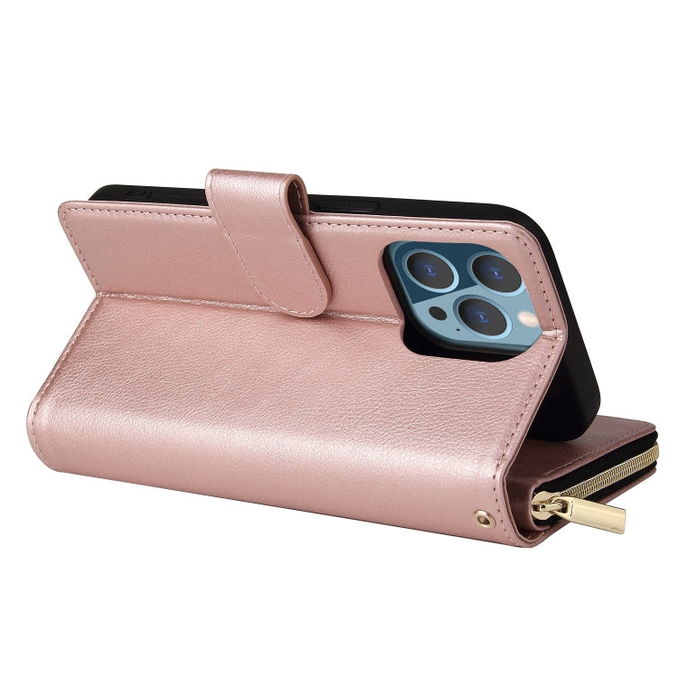 For iPhone 13 Pro 9 Card Slots Zipper Wallet Bag Leather Phone Case (Rose Gold) - iPhone 13 Pro Cases by buy2fix | Online Shopping UK | buy2fix