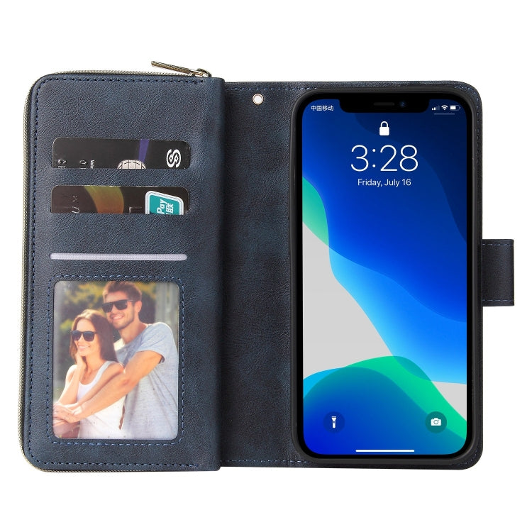 For iPhone 13 Pro 9 Card Slots Zipper Wallet Bag Leather Phone Case (Blue) - iPhone 13 Pro Cases by buy2fix | Online Shopping UK | buy2fix