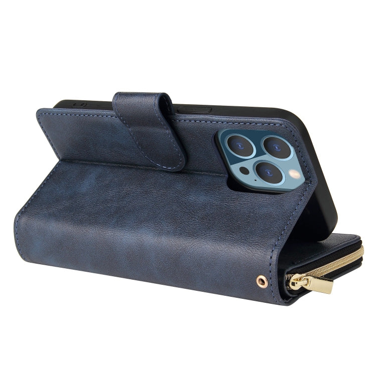 For iPhone 13 Pro 9 Card Slots Zipper Wallet Bag Leather Phone Case (Blue) - iPhone 13 Pro Cases by buy2fix | Online Shopping UK | buy2fix