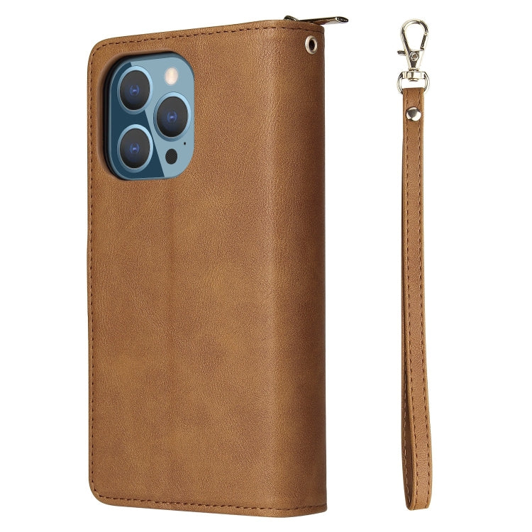 For iPhone 13 Pro 9 Card Slots Zipper Wallet Bag Leather Phone Case (Brown) - iPhone 13 Pro Cases by buy2fix | Online Shopping UK | buy2fix