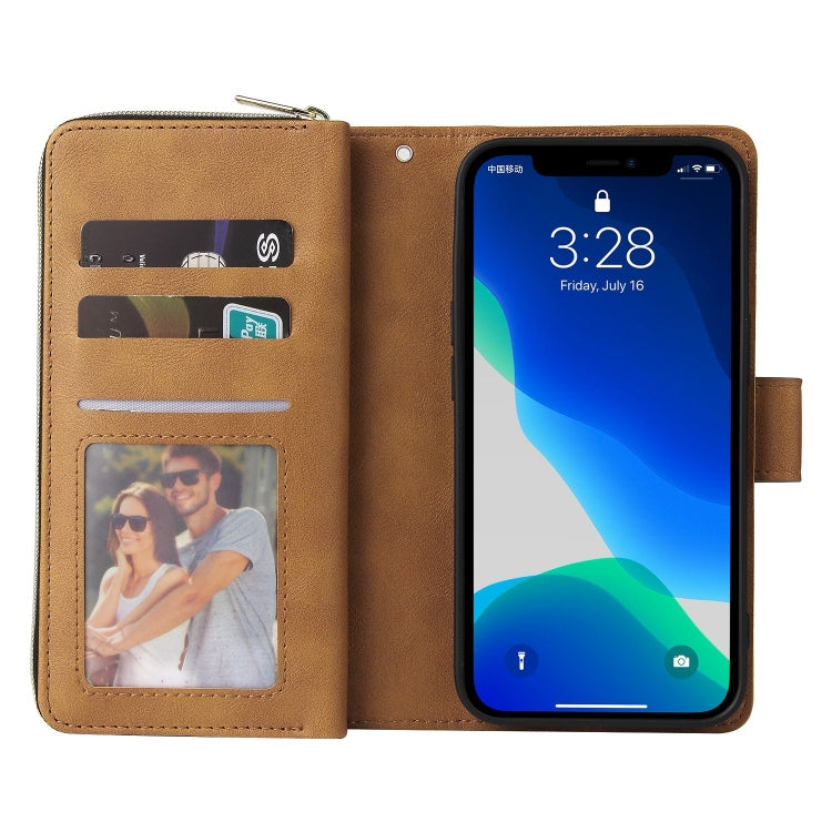 For iPhone 13 Pro 9 Card Slots Zipper Wallet Bag Leather Phone Case (Brown) - iPhone 13 Pro Cases by buy2fix | Online Shopping UK | buy2fix