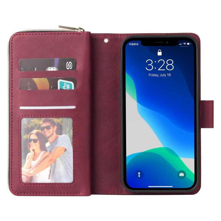 For iPhone 13 Pro Max 9 Card Slots Zipper Wallet Bag Leather Phone Case (Wine Red) - iPhone 13 Pro Max Cases by buy2fix | Online Shopping UK | buy2fix