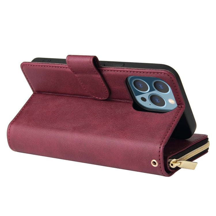 For iPhone 13 Pro Max 9 Card Slots Zipper Wallet Bag Leather Phone Case (Wine Red) - iPhone 13 Pro Max Cases by buy2fix | Online Shopping UK | buy2fix