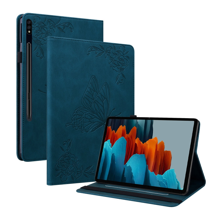 For Samsung Galaxy Tab S7 11 inch T870/SM-T875 Butterfly Flower Embossed Leather Tablet Case(Blue) - Galaxy Tab S7 by buy2fix | Online Shopping UK | buy2fix