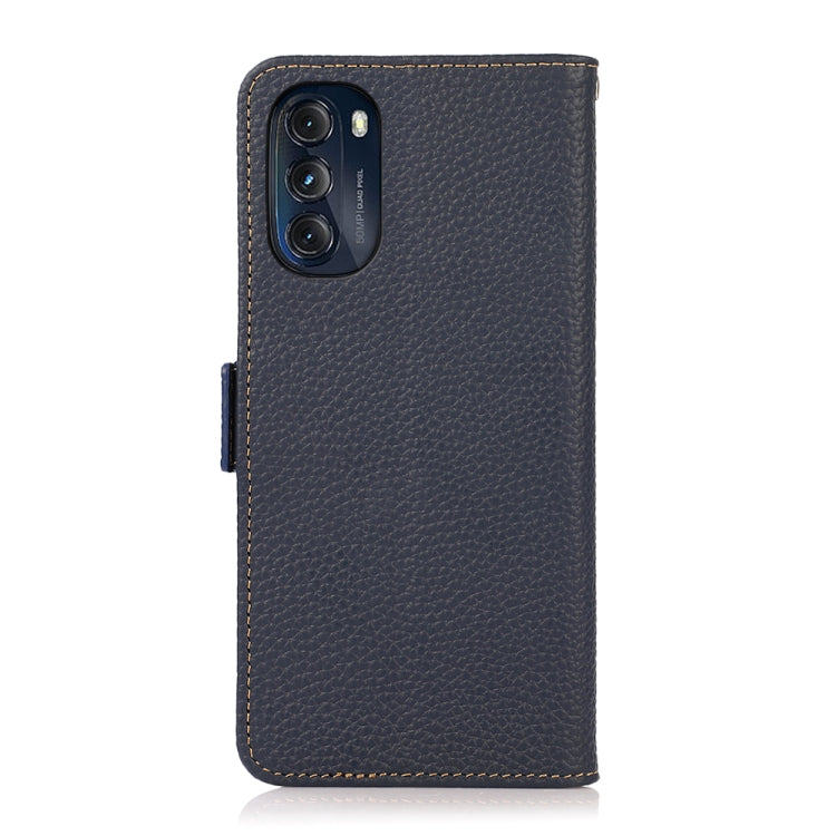 For Motorola Moto G 2022 5G KHAZNEH Side-Magnetic Litchi Genuine Leather RFID Phone Case(Blue) - Motorola Cases by buy2fix | Online Shopping UK | buy2fix