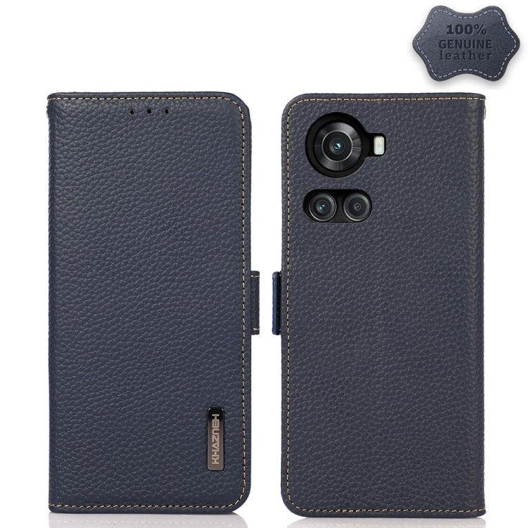For OnePlus 10R / Ace KHAZNEH Side-Magnetic Litchi Genuine Leather RFID Phone Case(Blue) - OnePlus Cases by buy2fix | Online Shopping UK | buy2fix