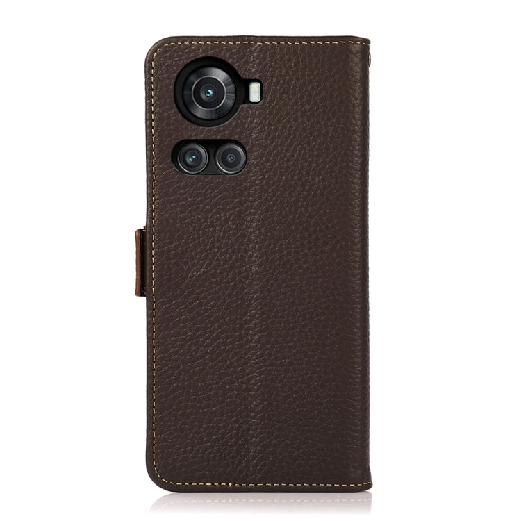 For OnePlus 10R / Ace KHAZNEH Side-Magnetic Litchi Genuine Leather RFID Phone Case(Brown) - OnePlus Cases by buy2fix | Online Shopping UK | buy2fix