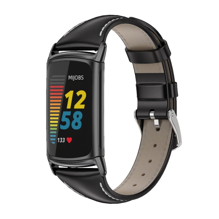 For Fitbit Charge 5 / Charge 6Mijobs Genuine Leather Slim Watch Band(Black) - Watch Bands by MIJOBS | Online Shopping UK | buy2fix