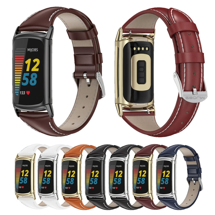 For Fitbit Charge 5 / Charge 6Mijobs Genuine Leather Slim Watch Band(Black) - Watch Bands by MIJOBS | Online Shopping UK | buy2fix