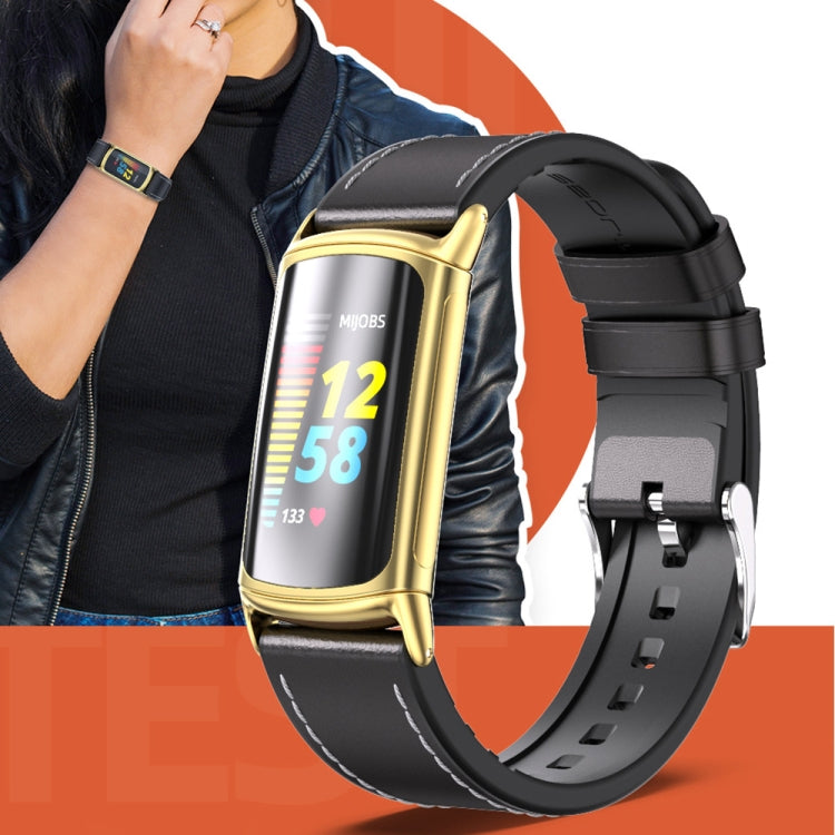 For Fitbit Charge 5 / Charge 6 Mijobs TPU + Leather Watch Band(Brown+Silver) by MIJOBS