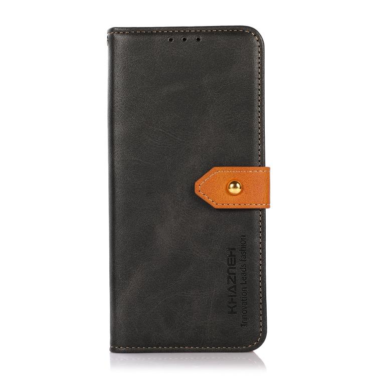 For iPhone 15 Plus KHAZNEH Dual-color Cowhide Texture Flip Leather Phone Case(Black) - iPhone 16e Cases by buy2fix | Online Shopping UK | buy2fix
