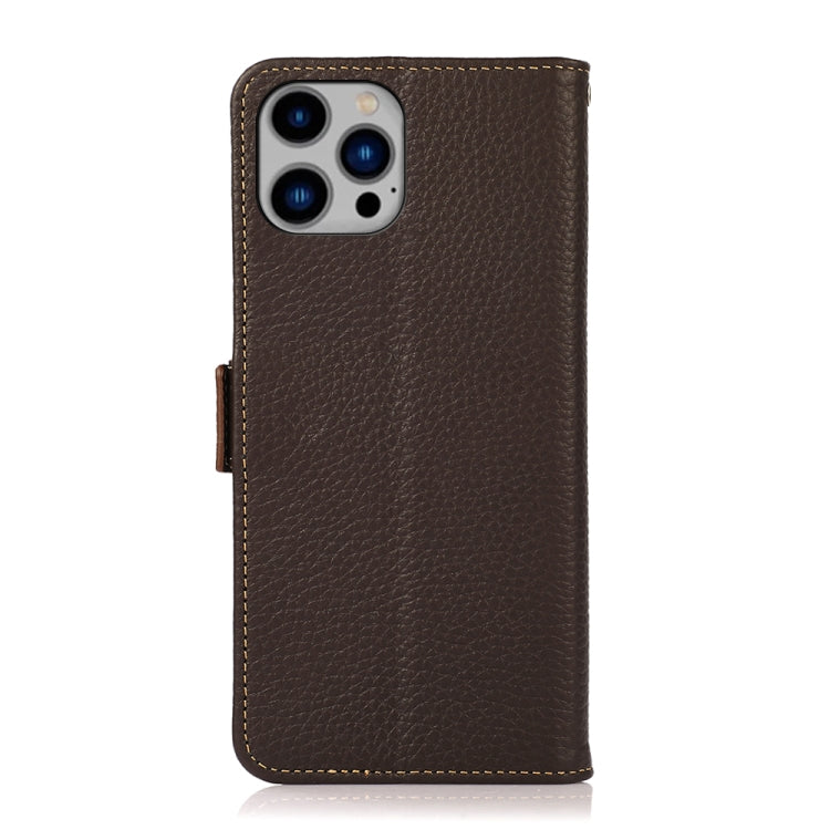 For iPhone 14 Plus KHAZNEH Side-Magnetic Litchi Genuine Leather RFID Phone Case (Brown) - iPhone 14 Plus Cases by buy2fix | Online Shopping UK | buy2fix