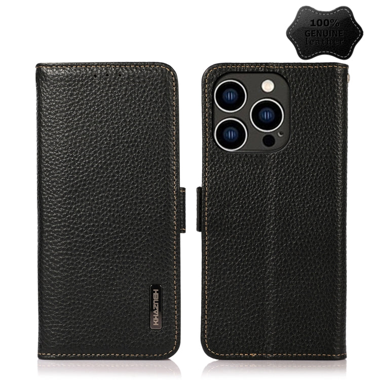 For iPhone 14 Pro KHAZNEH Side-Magnetic Litchi Genuine Leather RFID Phone Case (Black) - iPhone 14 Pro Cases by buy2fix | Online Shopping UK | buy2fix