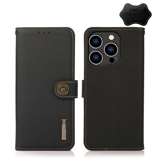 For iPhone 14 Pro KHAZNEH Custer Genuine Leather RFID Phone Case (Black) - iPhone 14 Pro Cases by buy2fix | Online Shopping UK | buy2fix