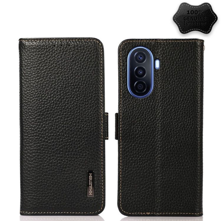 For Huawei nova Y70 Plus KHAZNEH Side-Magnetic Litchi Genuine Leather RFID Phone Case(Black) - Huawei Cases by buy2fix | Online Shopping UK | buy2fix