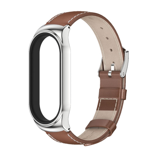 For Xiaomi Mi Band 7 / 7 NFC MIJOBS CS Metal Case Genuine Leather Top Layer Cowhide Watch Band(Brown Silver) by MIJOBS