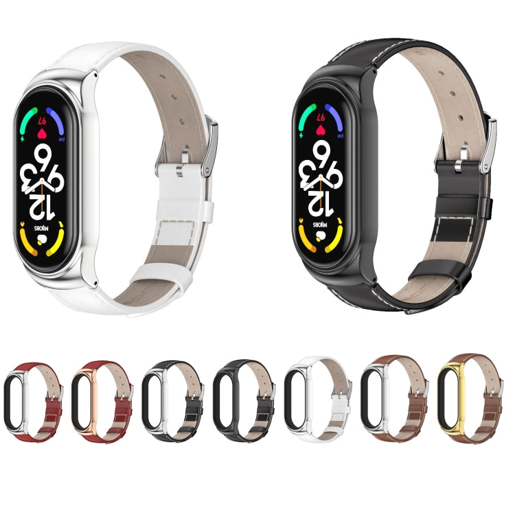For Xiaomi Mi Band 7 / 7 NFC MIJOBS CS Metal Case Genuine Leather Top Layer Cowhide Watch Band(Red Silver) by MIJOBS