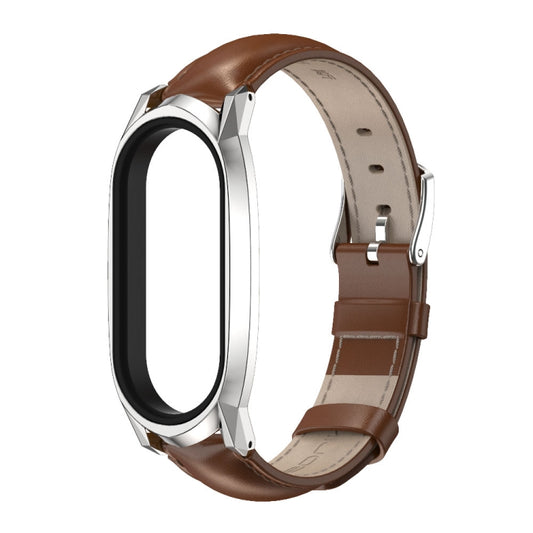 For Xiaomi Mi Band 7 / 7 NFC MIJOBS GT Metal Case Top Layer Cowhide Watch Band(Oil Brown Silver) by MIJOBS