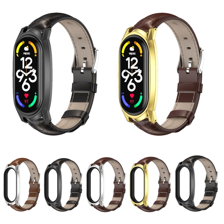 For Xiaomi Mi Band 7 / 7 NFC MIJOBS GT Metal Case Top Layer Cowhide Watch Band(Oil Brown Silver) by MIJOBS