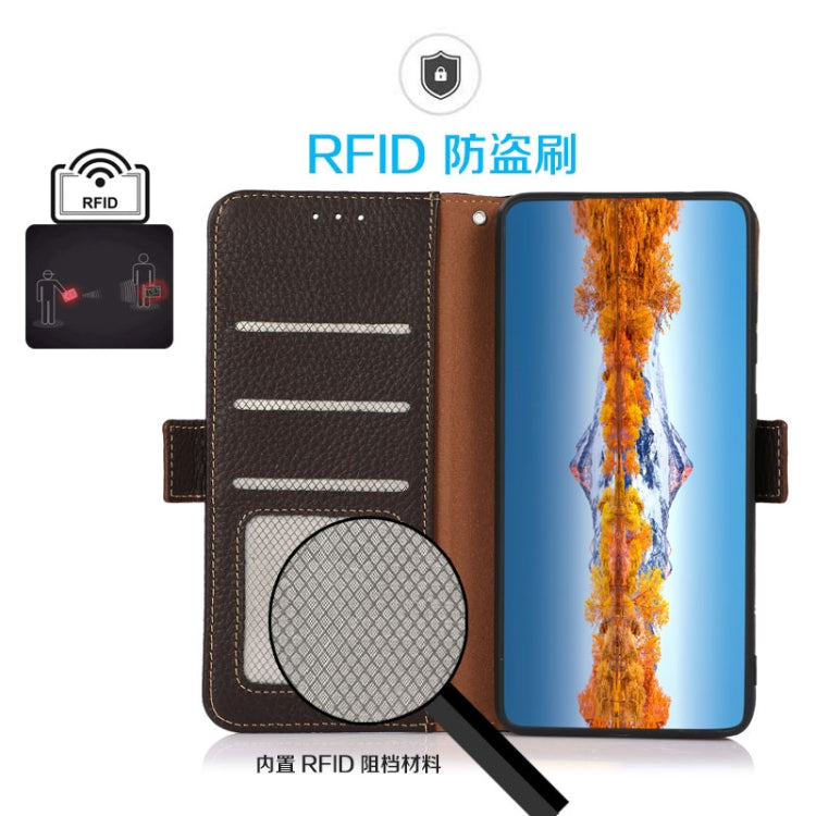 For Huawei Nova 10 KHAZNEH Side-Magnetic Litchi Genuine Leather RFID Phone Case(Brown) - Huawei Cases by buy2fix | Online Shopping UK | buy2fix